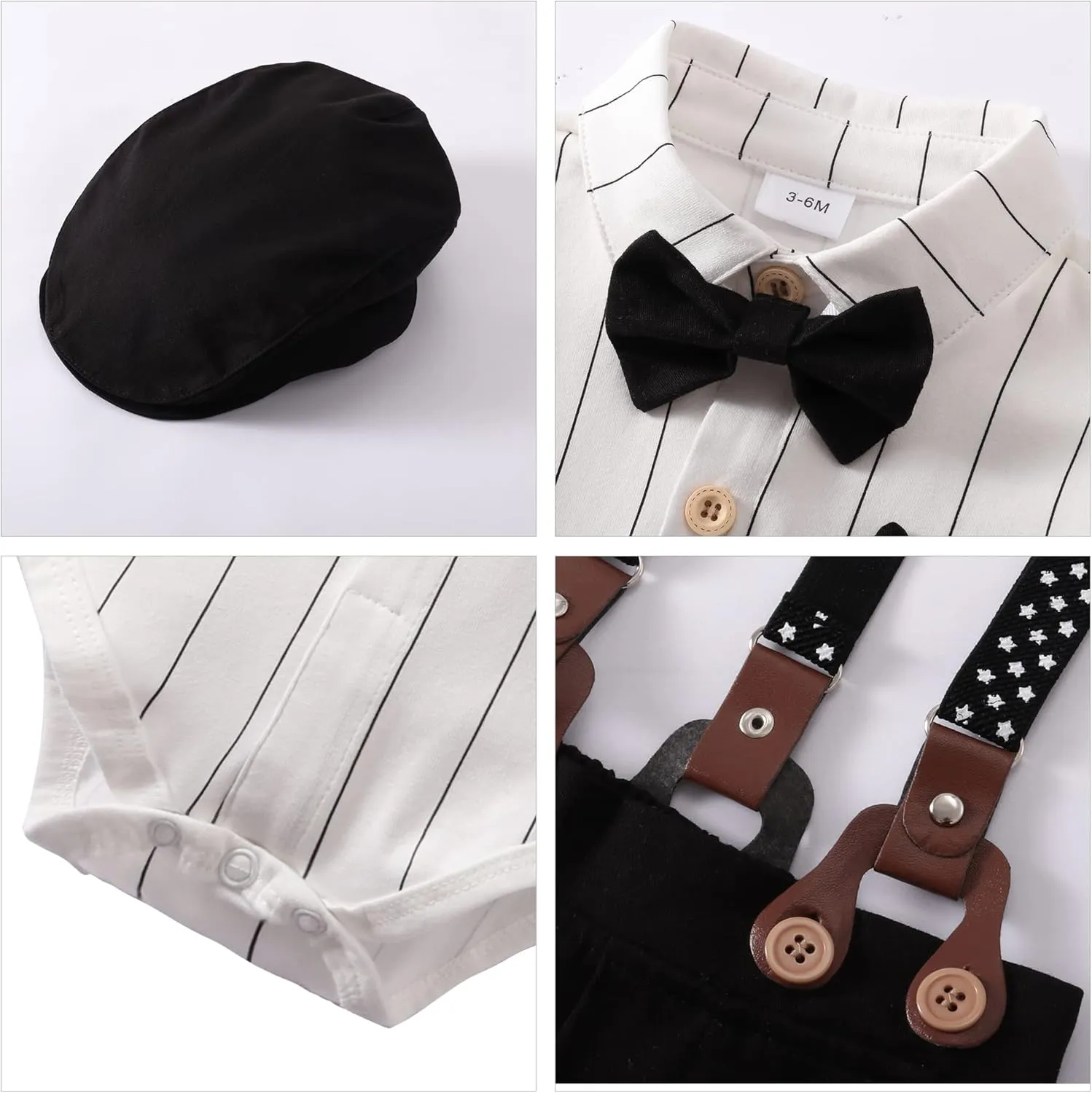 YALLET Baby Boy Clothes Set Infant Tuxedo Long Sleeve Gentleman Suit Outfits   Beret Hat   Suspender Pants   Bowtie 0-18M