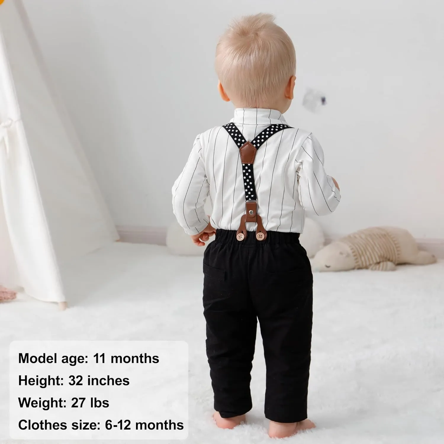 YALLET Baby Boy Clothes Set Infant Tuxedo Long Sleeve Gentleman Suit Outfits   Beret Hat   Suspender Pants   Bowtie 0-18M
