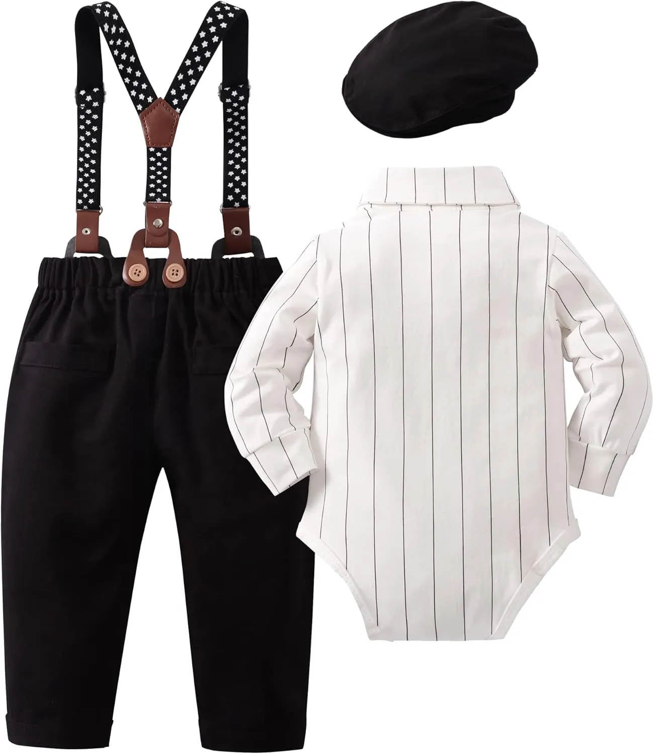 YALLET Baby Boy Clothes Set Infant Tuxedo Long Sleeve Gentleman Suit Outfits   Beret Hat   Suspender Pants   Bowtie 0-18M