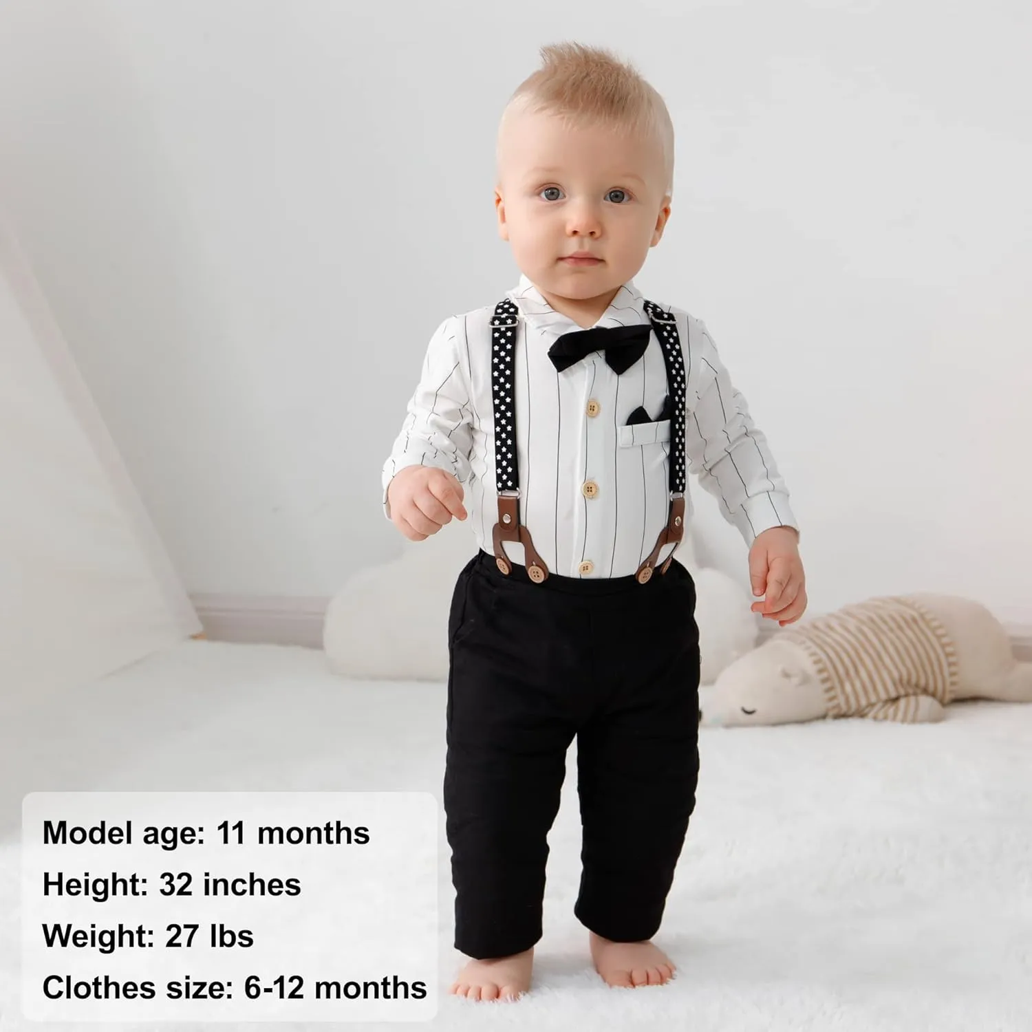 YALLET Baby Boy Clothes Set Infant Tuxedo Long Sleeve Gentleman Suit Outfits   Beret Hat   Suspender Pants   Bowtie 0-18M