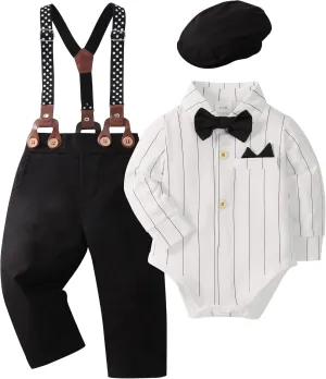 YALLET Baby Boy Clothes Set Infant Tuxedo Long Sleeve Gentleman Suit Outfits   Beret Hat   Suspender Pants   Bowtie 0-18M