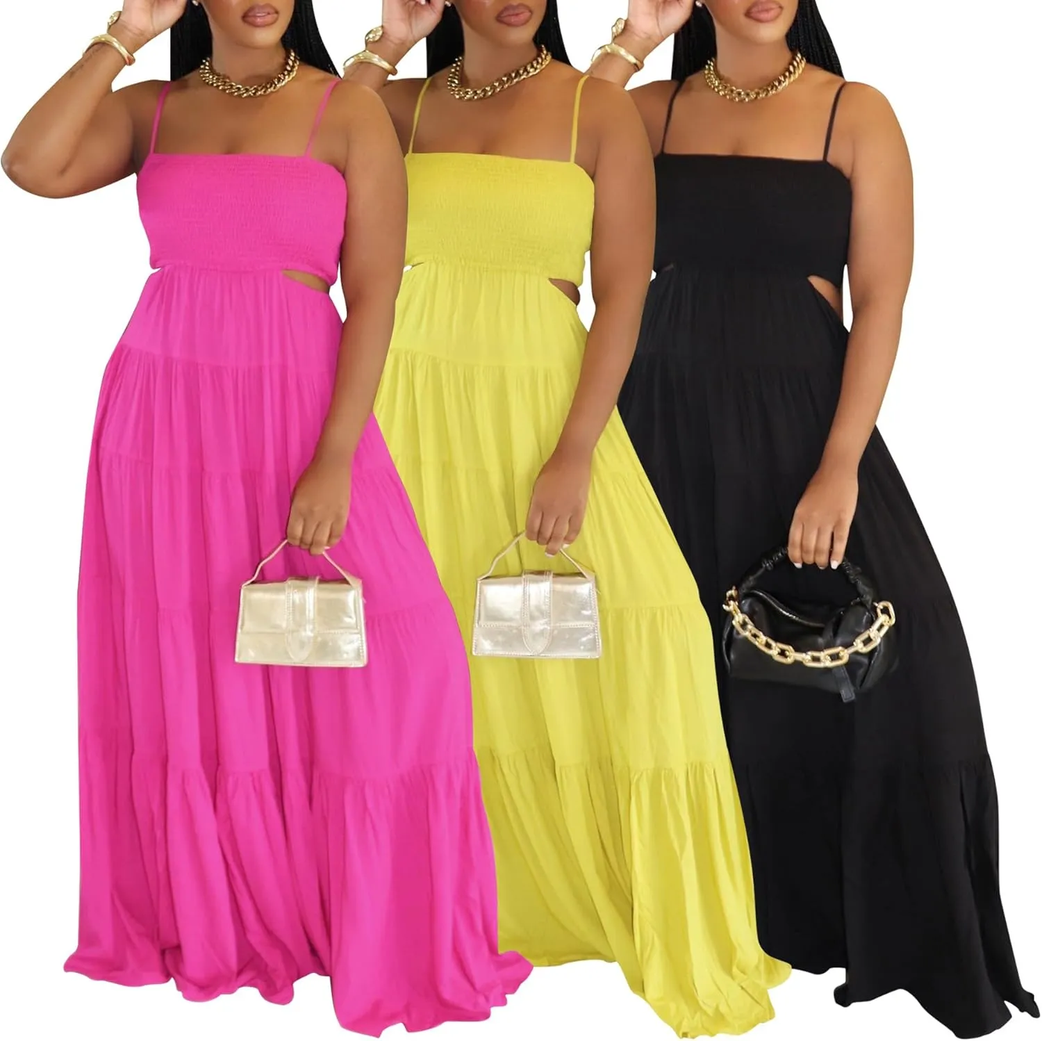 Yuopeid Women's Summer Vacation Dress Solid Color Waisted Ruched Sleeveless Hollow Out Stretchy Maxi Dress