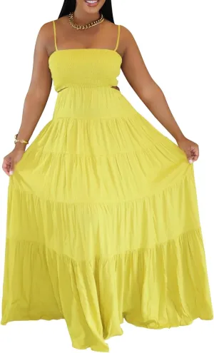 Yuopeid Women's Summer Vacation Dress Solid Color Waisted Ruched Sleeveless Hollow Out Stretchy Maxi Dress
