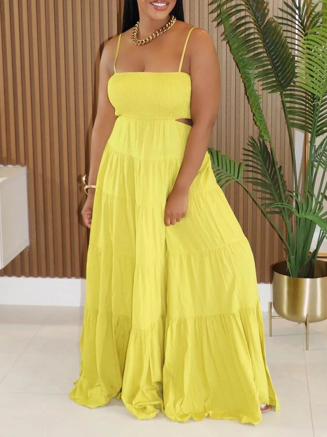 Yuopeid Women's Summer Vacation Dress Solid Color Waisted Ruched Sleeveless Hollow Out Stretchy Maxi Dress