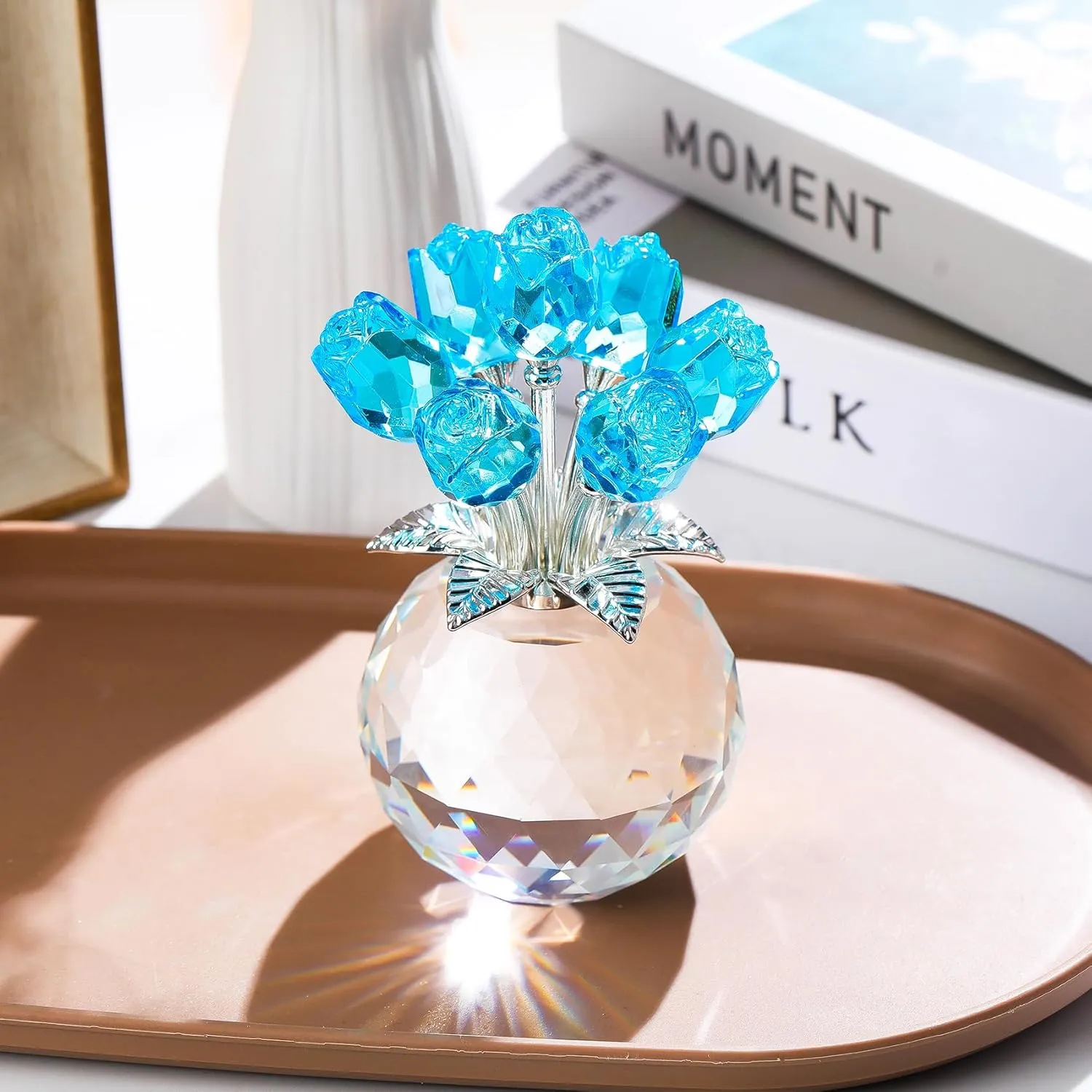 YWHL Crystal Lake Blue Rose Bouquet Figurine with Round Vase, Romantic Glass Rose Flower Gifts for Women Mom on Anniversary Birthday Christmas, Rose Collectible Figurine for Wedding Home Decorations