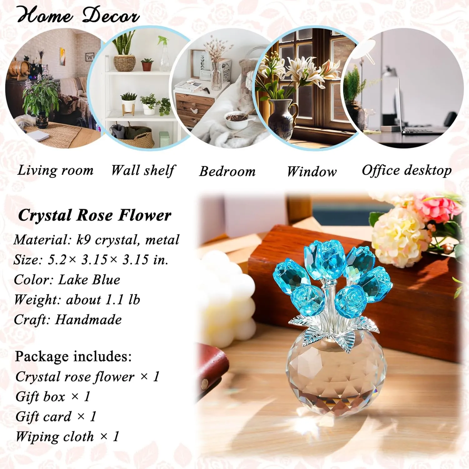 YWHL Crystal Lake Blue Rose Bouquet Figurine with Round Vase, Romantic Glass Rose Flower Gifts for Women Mom on Anniversary Birthday Christmas, Rose Collectible Figurine for Wedding Home Decorations