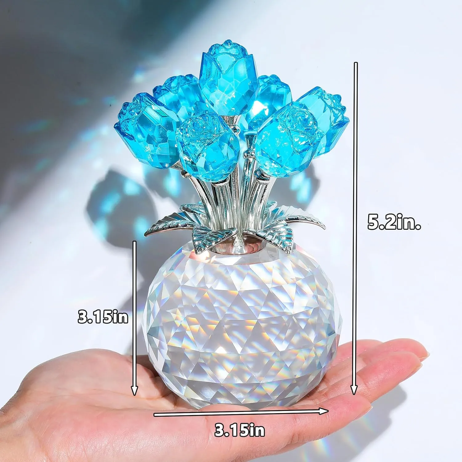 YWHL Crystal Lake Blue Rose Bouquet Figurine with Round Vase, Romantic Glass Rose Flower Gifts for Women Mom on Anniversary Birthday Christmas, Rose Collectible Figurine for Wedding Home Decorations