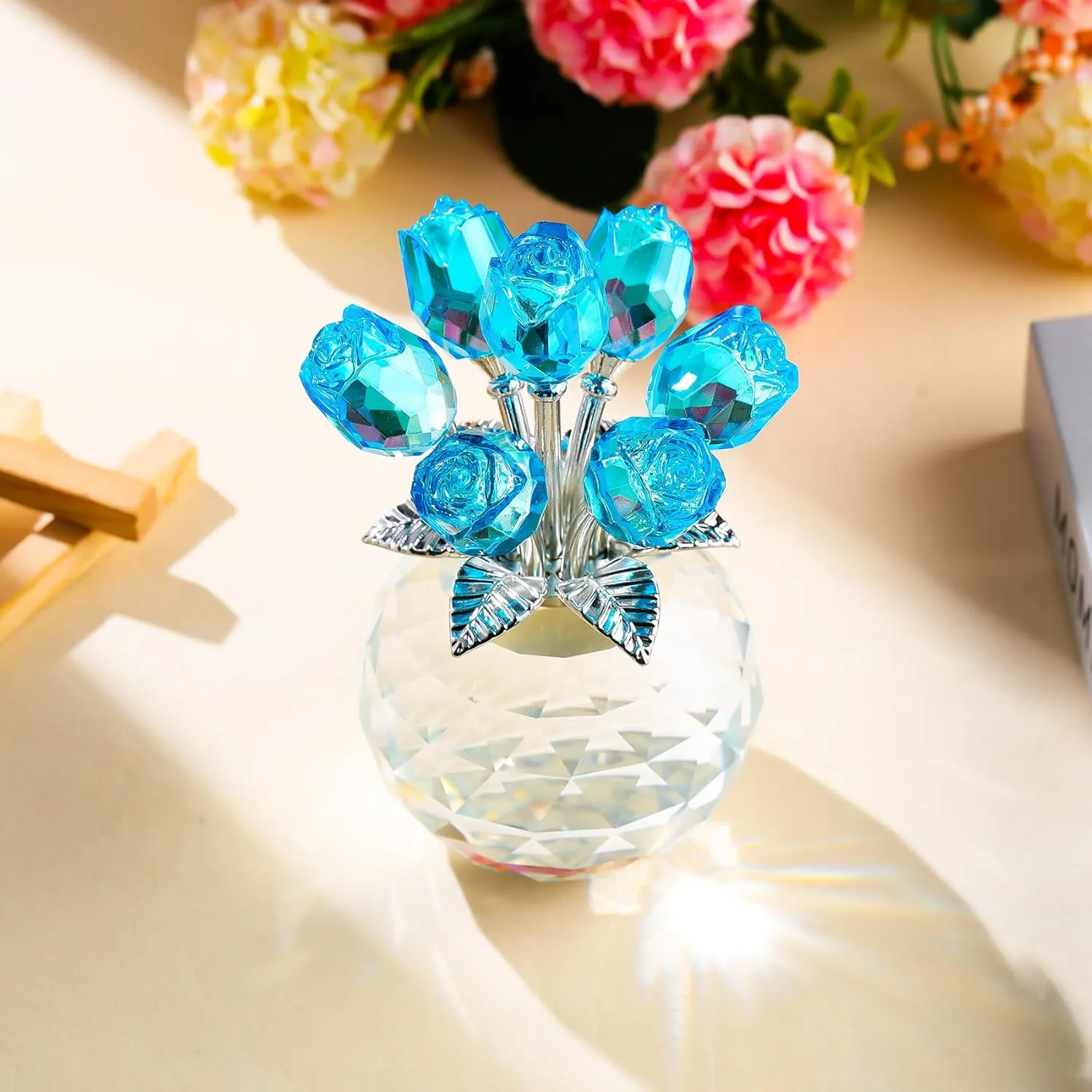 YWHL Crystal Lake Blue Rose Bouquet Figurine with Round Vase, Romantic Glass Rose Flower Gifts for Women Mom on Anniversary Birthday Christmas, Rose Collectible Figurine for Wedding Home Decorations