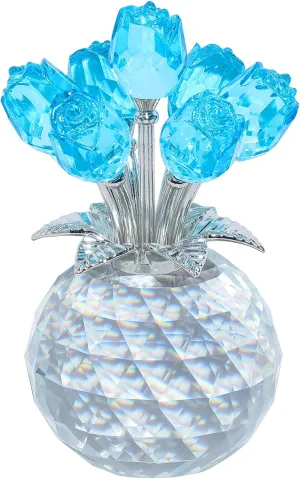 YWHL Crystal Lake Blue Rose Bouquet Figurine with Round Vase, Romantic Glass Rose Flower Gifts for Women Mom on Anniversary Birthday Christmas, Rose Collectible Figurine for Wedding Home Decorations