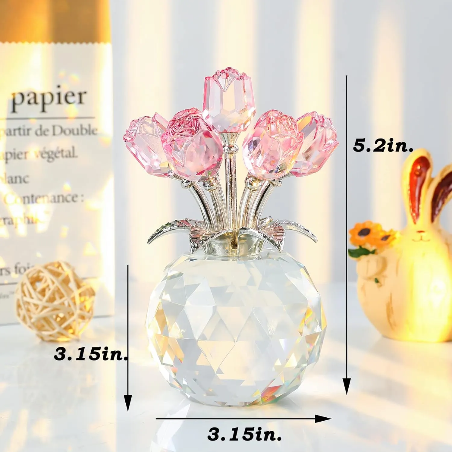 YWHL Handmade Crystal Pink Rose Flower Figurine with Round Vase, Rose Gifts for Girlfriend Wife Sister, Romantic Gifts for Mom on Mother's Day Birthday Anniversary, Wedding Home Decorations