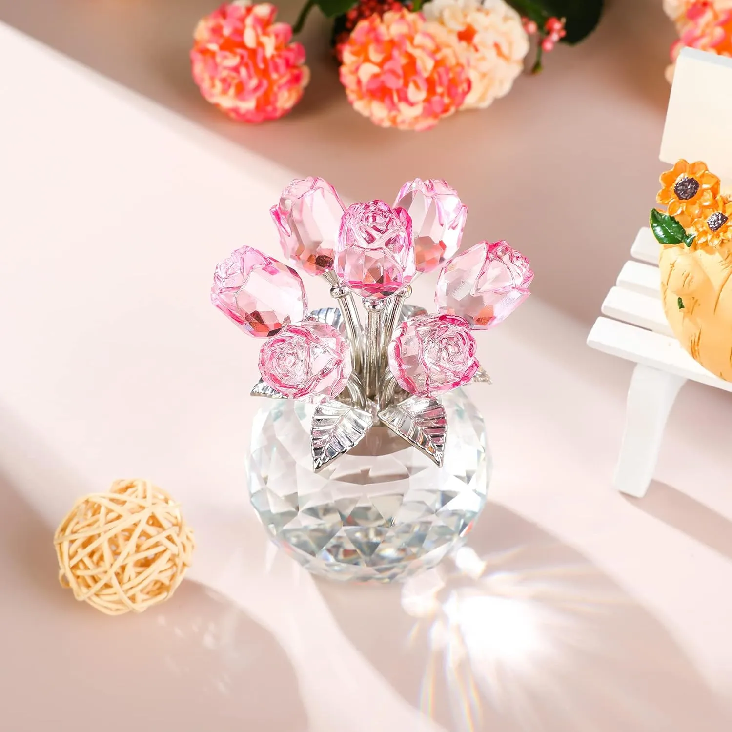 YWHL Handmade Crystal Pink Rose Flower Figurine with Round Vase, Rose Gifts for Girlfriend Wife Sister, Romantic Gifts for Mom on Mother's Day Birthday Anniversary, Wedding Home Decorations