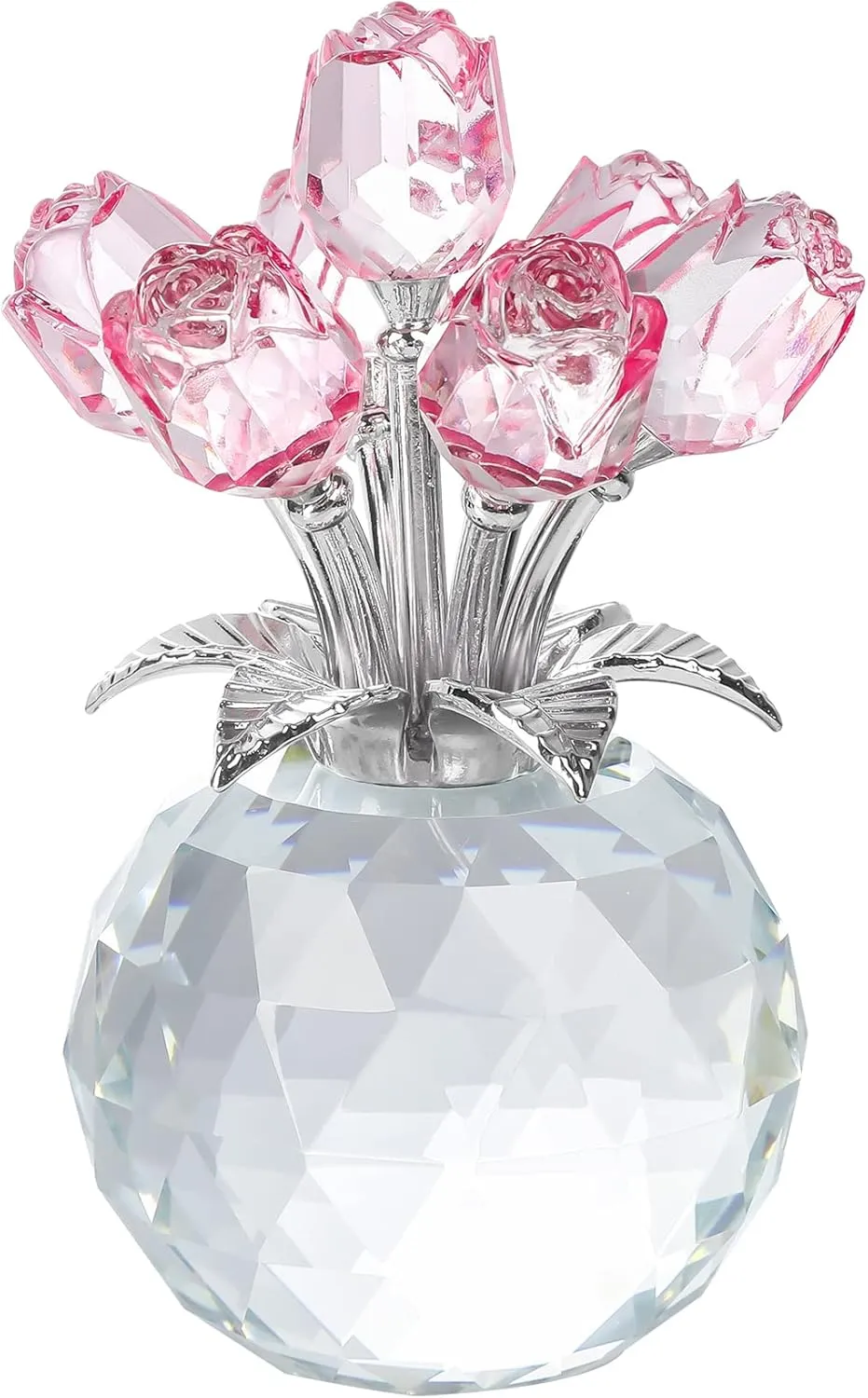 YWHL Handmade Crystal Pink Rose Flower Figurine with Round Vase, Rose Gifts for Girlfriend Wife Sister, Romantic Gifts for Mom on Mother's Day Birthday Anniversary, Wedding Home Decorations
