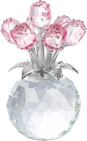 YWHL Handmade Crystal Pink Rose Flower Figurine with Round Vase, Rose Gifts for Girlfriend Wife Sister, Romantic Gifts for Mom on Mother's Day Birthday Anniversary, Wedding Home Decorations