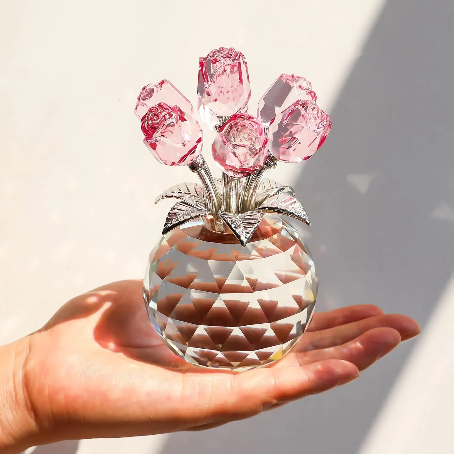 YWHL Handmade Crystal Pink Rose Flower Figurine with Round Vase, Rose Gifts for Girlfriend Wife Sister, Romantic Gifts for Mom on Mother's Day Birthday Anniversary, Wedding Home Decorations