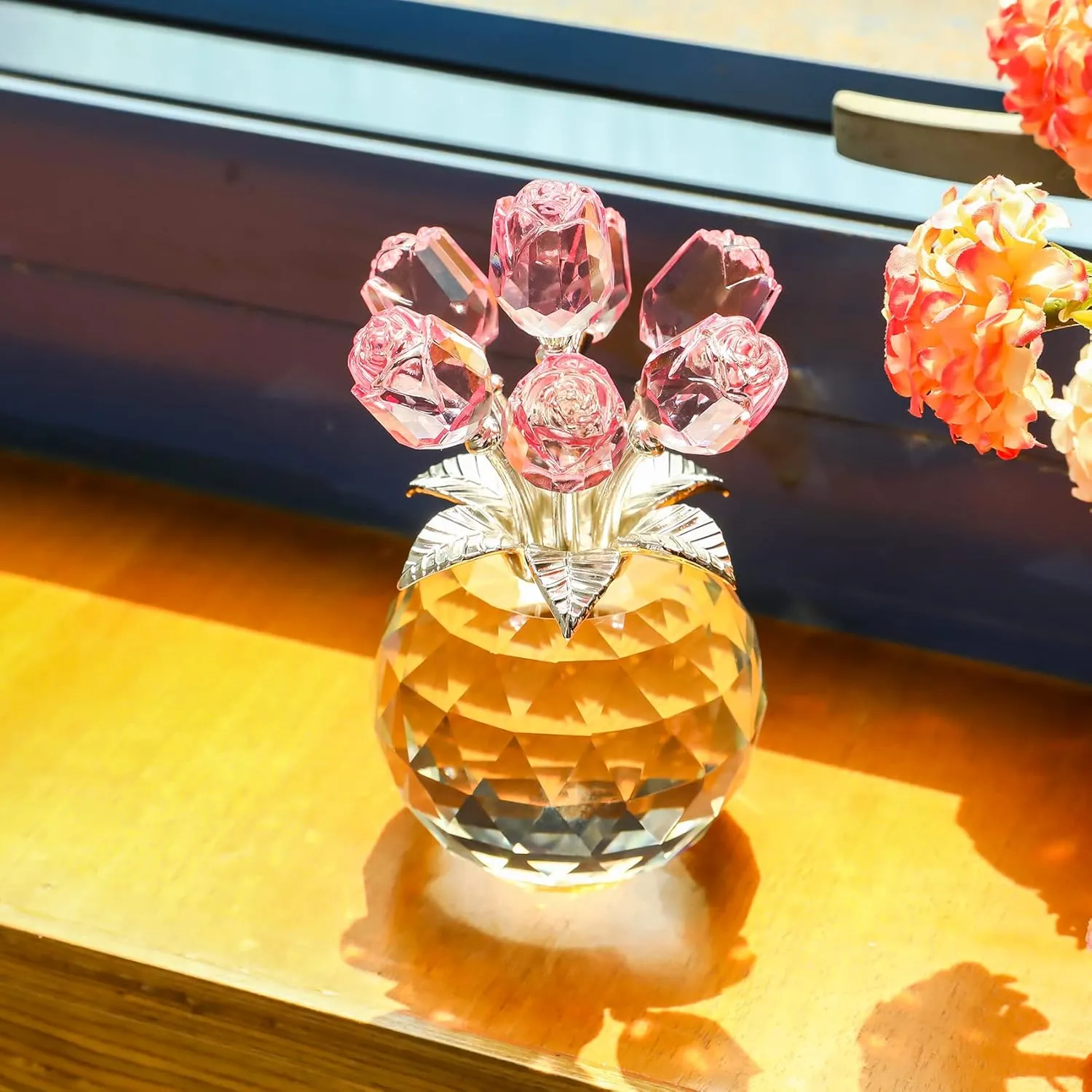 YWHL Handmade Crystal Pink Rose Flower Figurine with Round Vase, Rose Gifts for Girlfriend Wife Sister, Romantic Gifts for Mom on Mother's Day Birthday Anniversary, Wedding Home Decorations