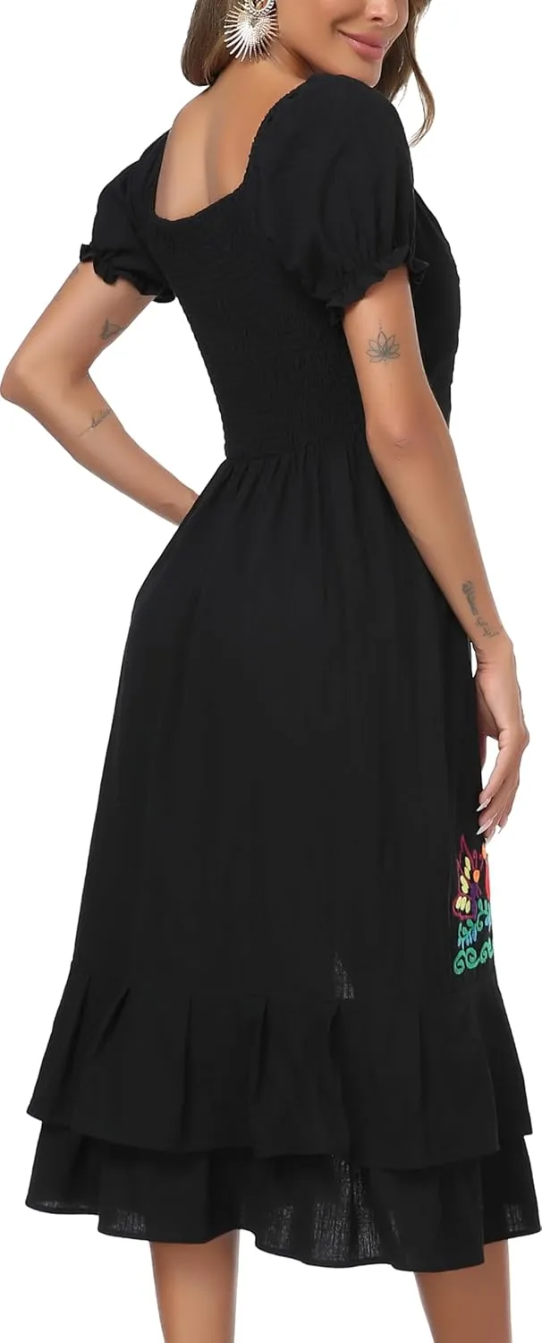 YZXDORWJ Mexican Dress for Women Boho Embroidered Sexy Ruffle Maxi Dress Short Sleeve Summer Beach Swing Wedding Party Dress