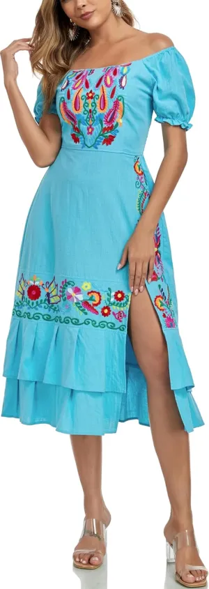 YZXDORWJ Mexican Dress for Women Boho Embroidered Sexy Ruffle Maxi Dress Short Sleeve Summer Beach Swing Wedding Party Dress