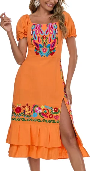 YZXDORWJ Mexican Dress for Women Boho Embroidered Sexy Ruffle Maxi Dress Short Sleeve Summer Beach Swing Wedding Party Dress