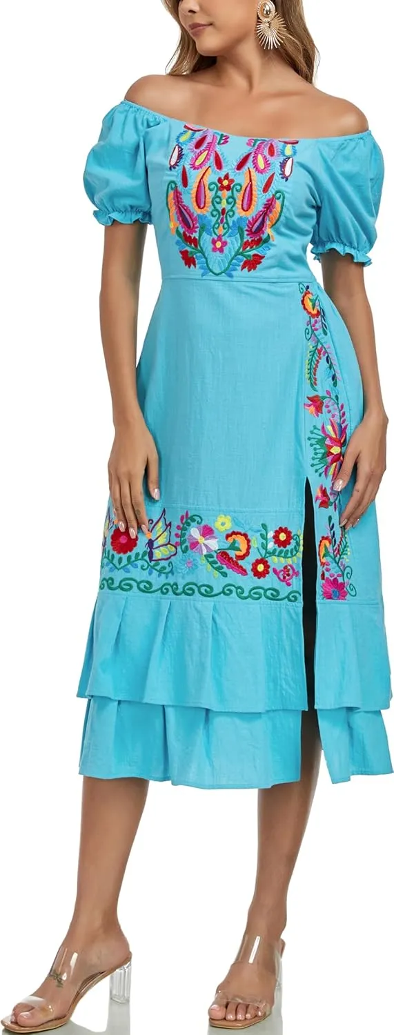 YZXDORWJ Mexican Dress for Women Boho Embroidered Sexy Ruffle Maxi Dress Short Sleeve Summer Beach Swing Wedding Party Dress
