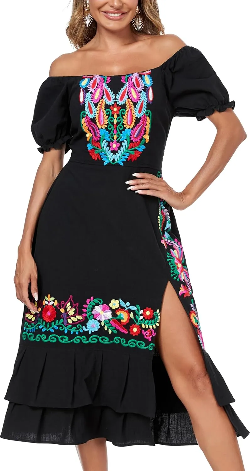 YZXDORWJ Mexican Dress for Women Boho Embroidered Sexy Ruffle Maxi Dress Short Sleeve Summer Beach Swing Wedding Party Dress