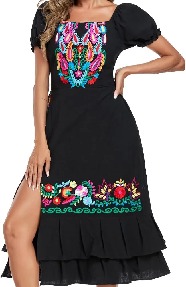 YZXDORWJ Mexican Dress for Women Boho Embroidered Sexy Ruffle Maxi Dress Short Sleeve Summer Beach Swing Wedding Party Dress