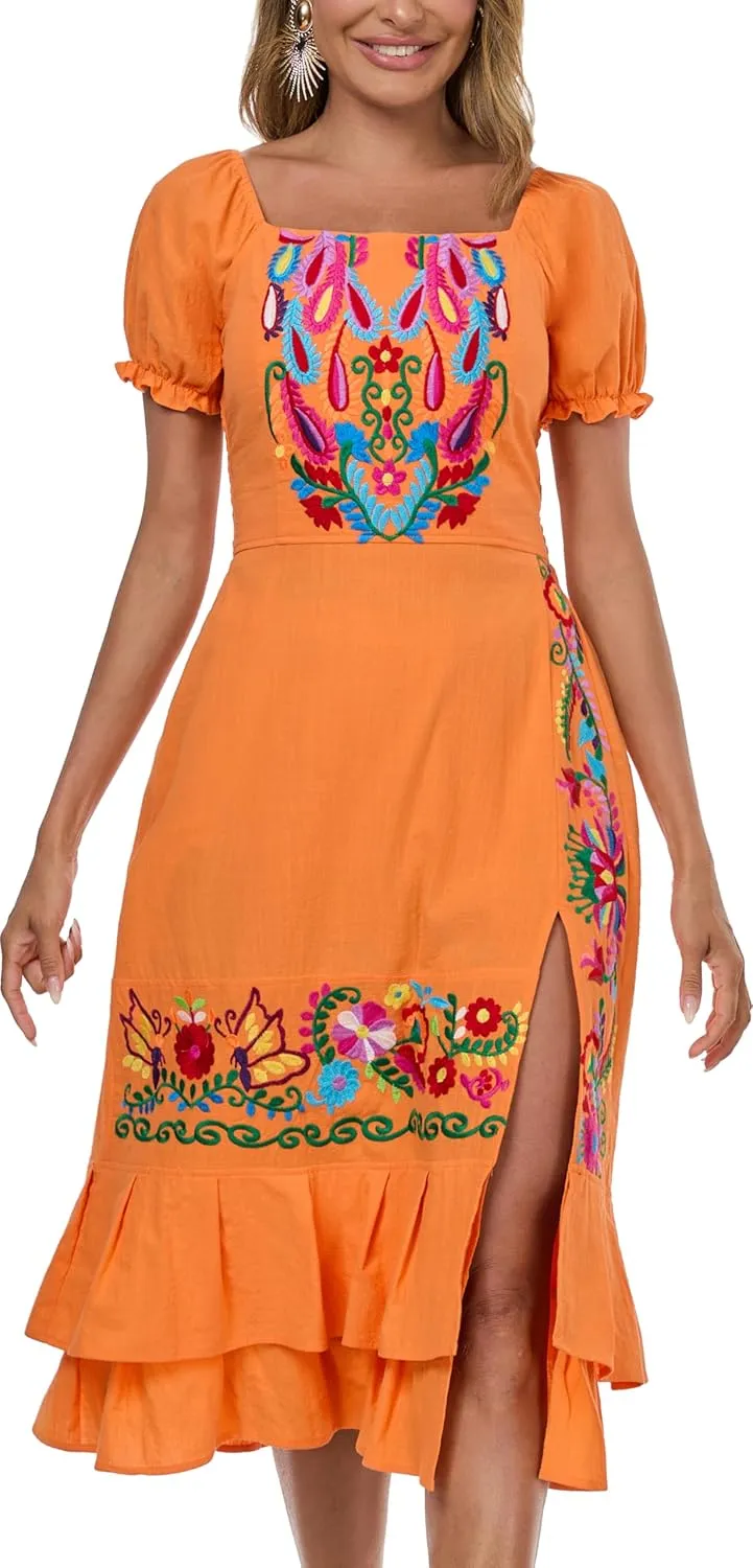 YZXDORWJ Mexican Dress for Women Boho Embroidered Sexy Ruffle Maxi Dress Short Sleeve Summer Beach Swing Wedding Party Dress