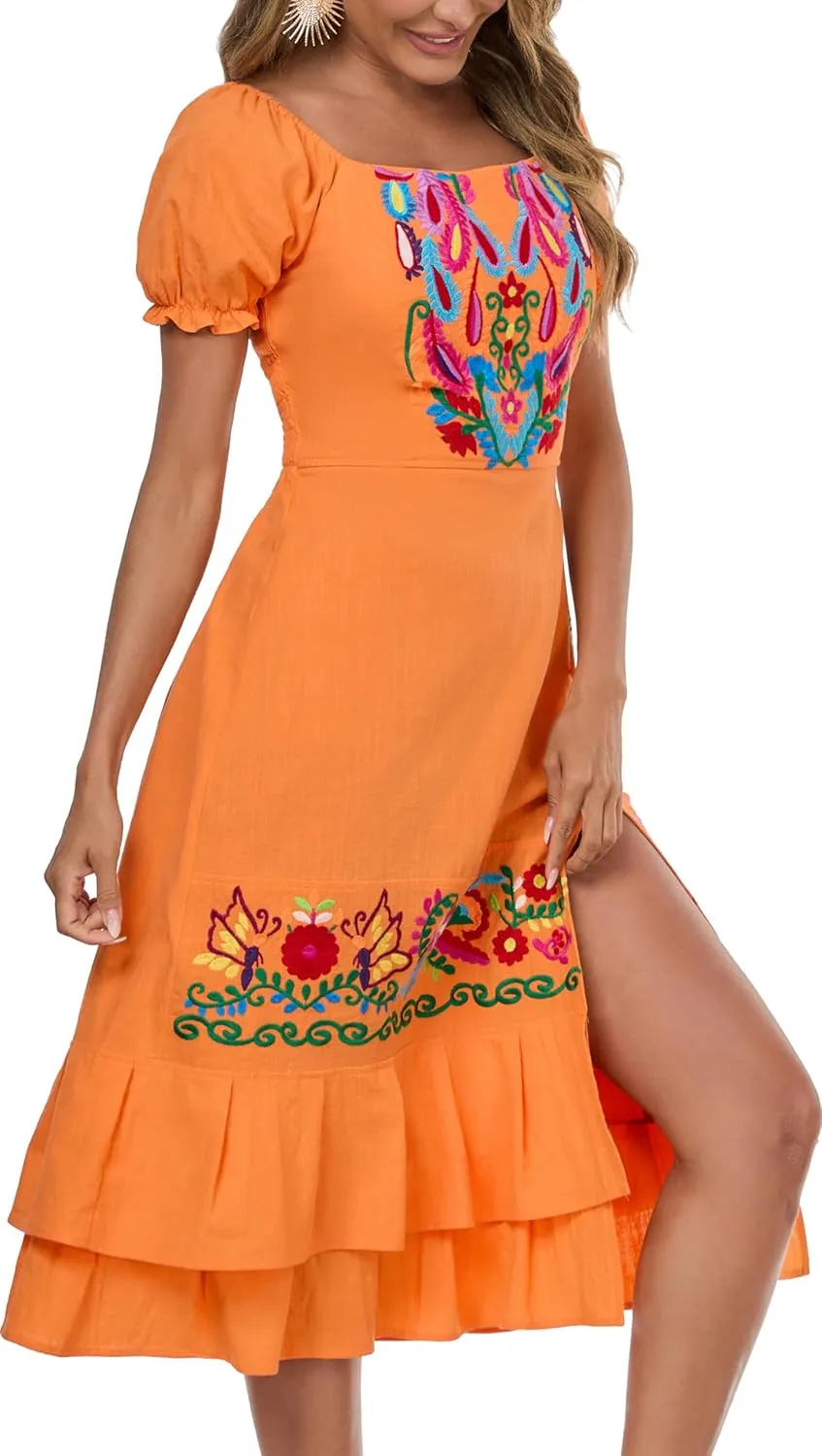 YZXDORWJ Mexican Dress for Women Boho Embroidered Sexy Ruffle Maxi Dress Short Sleeve Summer Beach Swing Wedding Party Dress