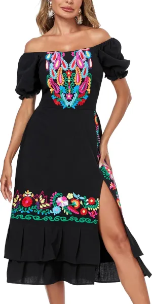 YZXDORWJ Mexican Dress for Women Boho Embroidered Sexy Ruffle Maxi Dress Short Sleeve Summer Beach Swing Wedding Party Dress