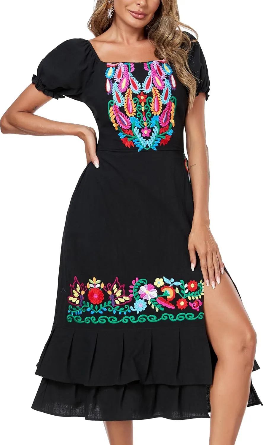 YZXDORWJ Mexican Dress for Women Boho Embroidered Sexy Ruffle Maxi Dress Short Sleeve Summer Beach Swing Wedding Party Dress