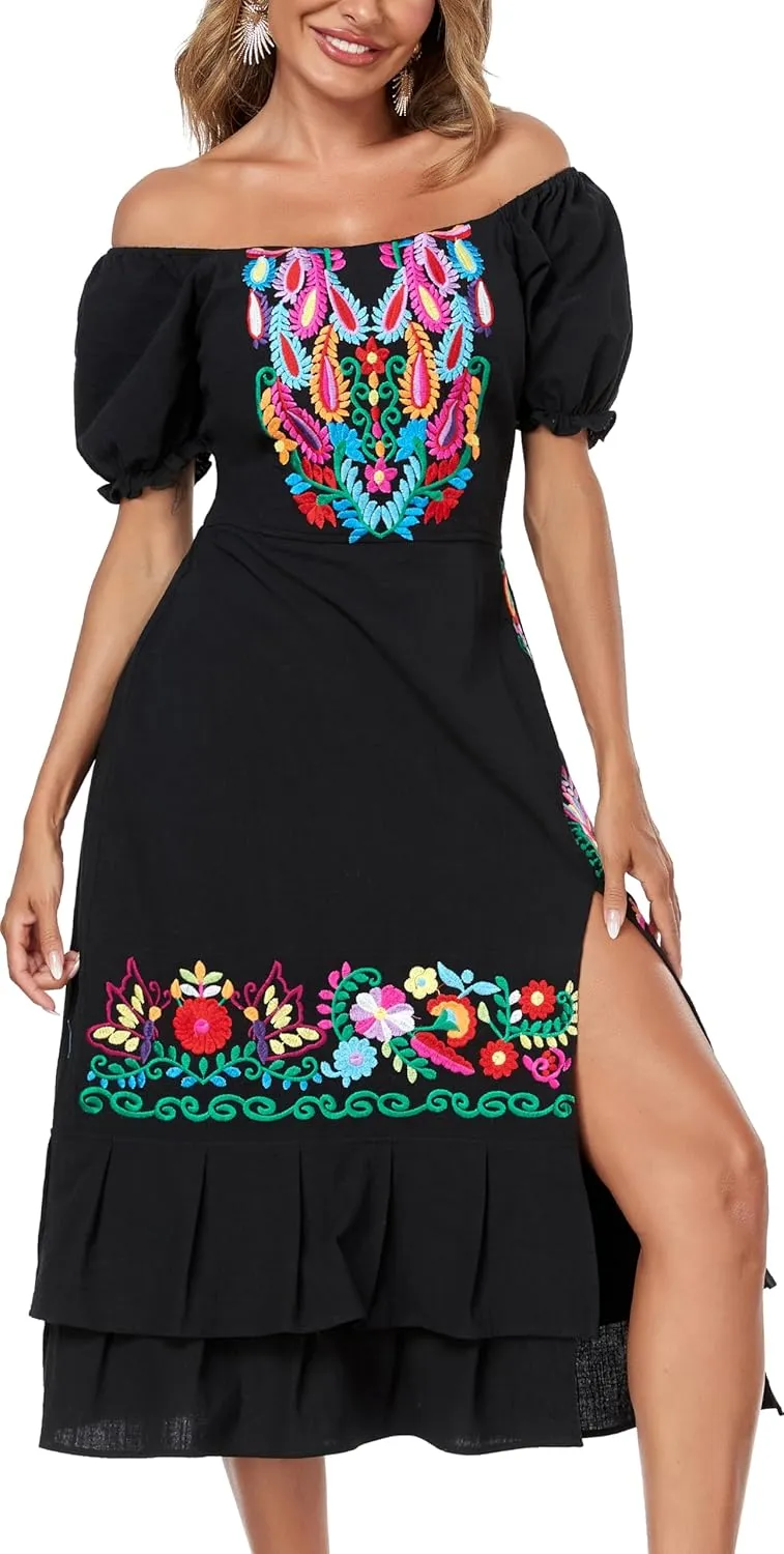 YZXDORWJ Mexican Dress for Women Boho Embroidered Sexy Ruffle Maxi Dress Short Sleeve Summer Beach Swing Wedding Party Dress