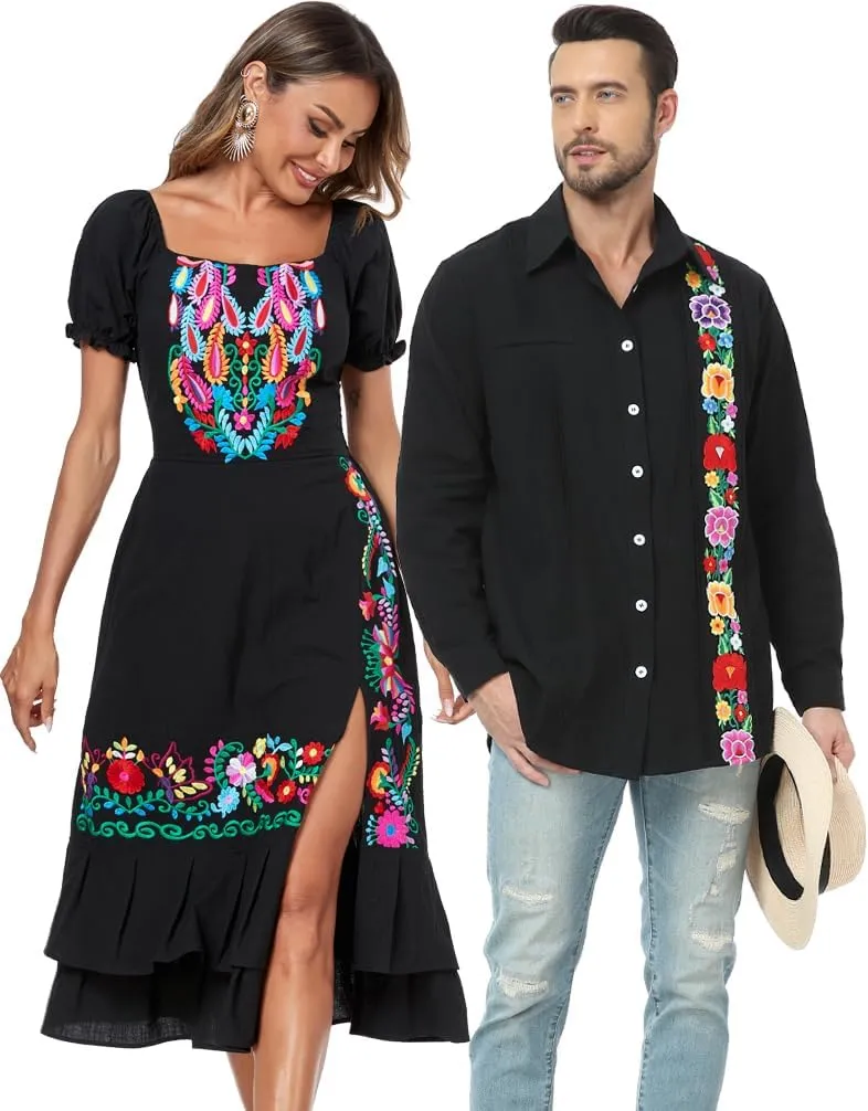 YZXDORWJ Mexican Dress for Women Boho Embroidered Sexy Ruffle Maxi Dress Short Sleeve Summer Beach Swing Wedding Party Dress