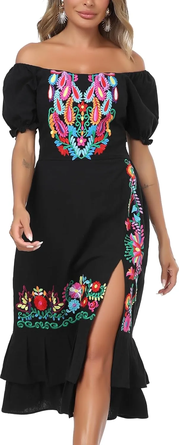 YZXDORWJ Mexican Dress for Women Boho Embroidered Sexy Ruffle Maxi Dress Short Sleeve Summer Beach Swing Wedding Party Dress
