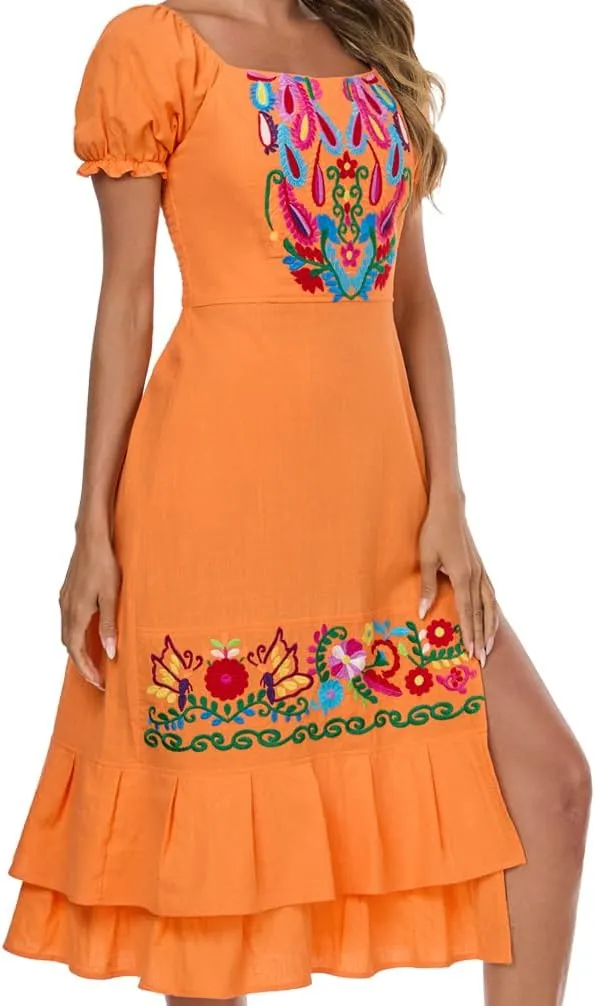 YZXDORWJ Mexican Dress for Women Boho Embroidered Sexy Ruffle Maxi Dress Short Sleeve Summer Beach Swing Wedding Party Dress