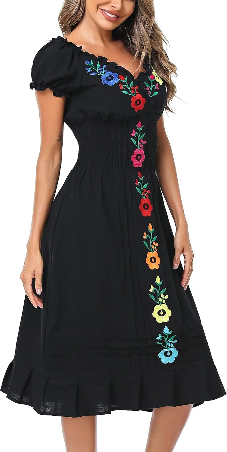 YZXDORWJ Women Mexican Embroidered Casual Dress Summer Ruffle V Neck Short Sleeves