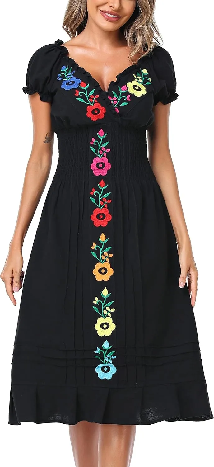 YZXDORWJ Women Mexican Embroidered Casual Dress Summer Ruffle V Neck Short Sleeves