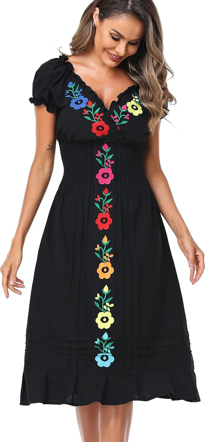 YZXDORWJ Women Mexican Embroidered Casual Dress Summer Ruffle V Neck Short Sleeves