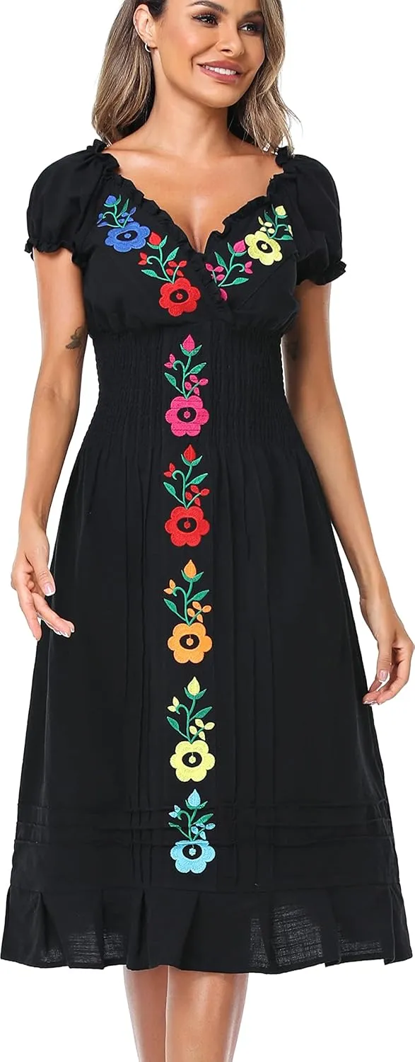 YZXDORWJ Women Mexican Embroidered Casual Dress Summer Ruffle V Neck Short Sleeves