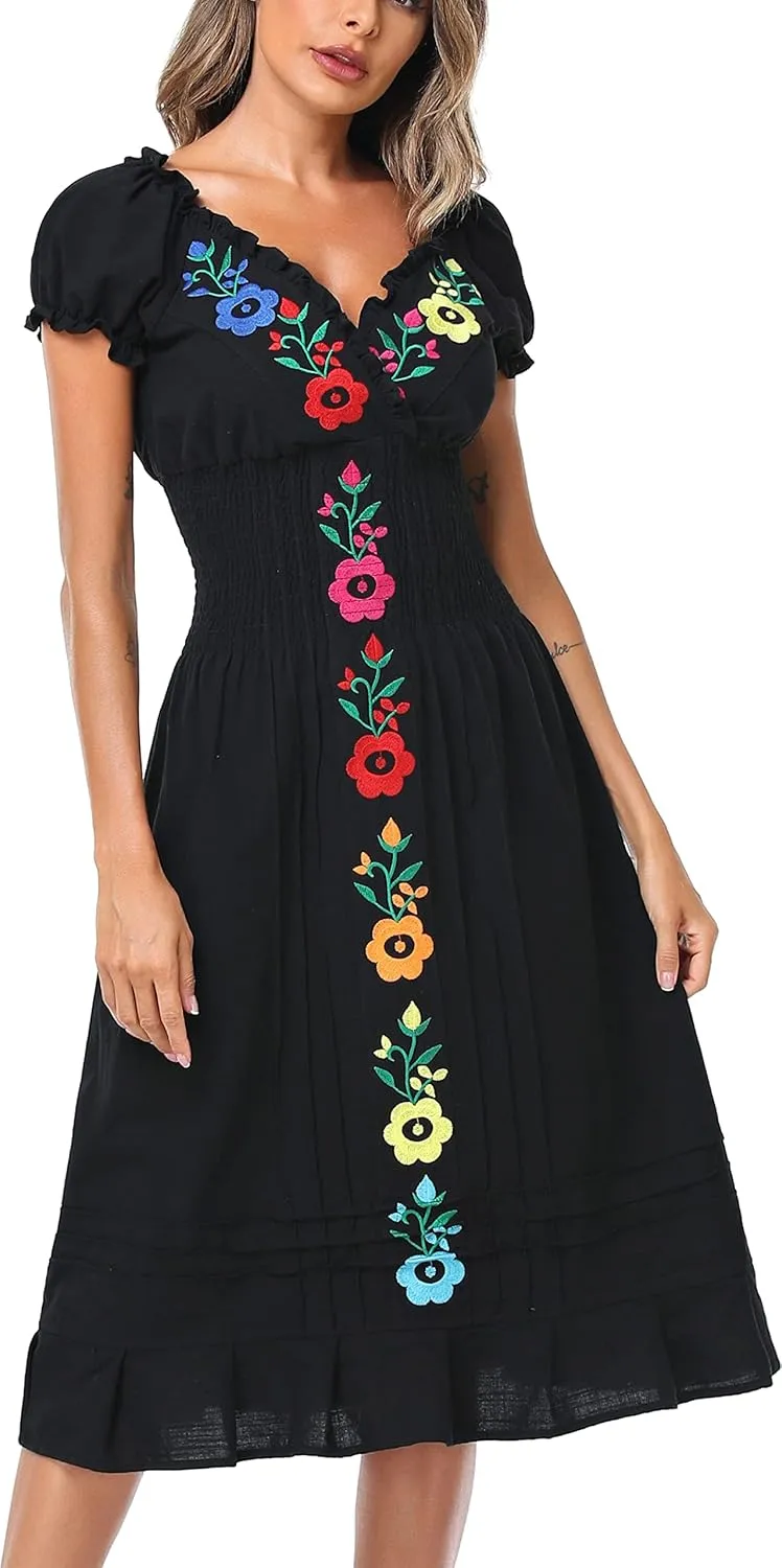 YZXDORWJ Women Mexican Embroidered Casual Dress Summer Ruffle V Neck Short Sleeves