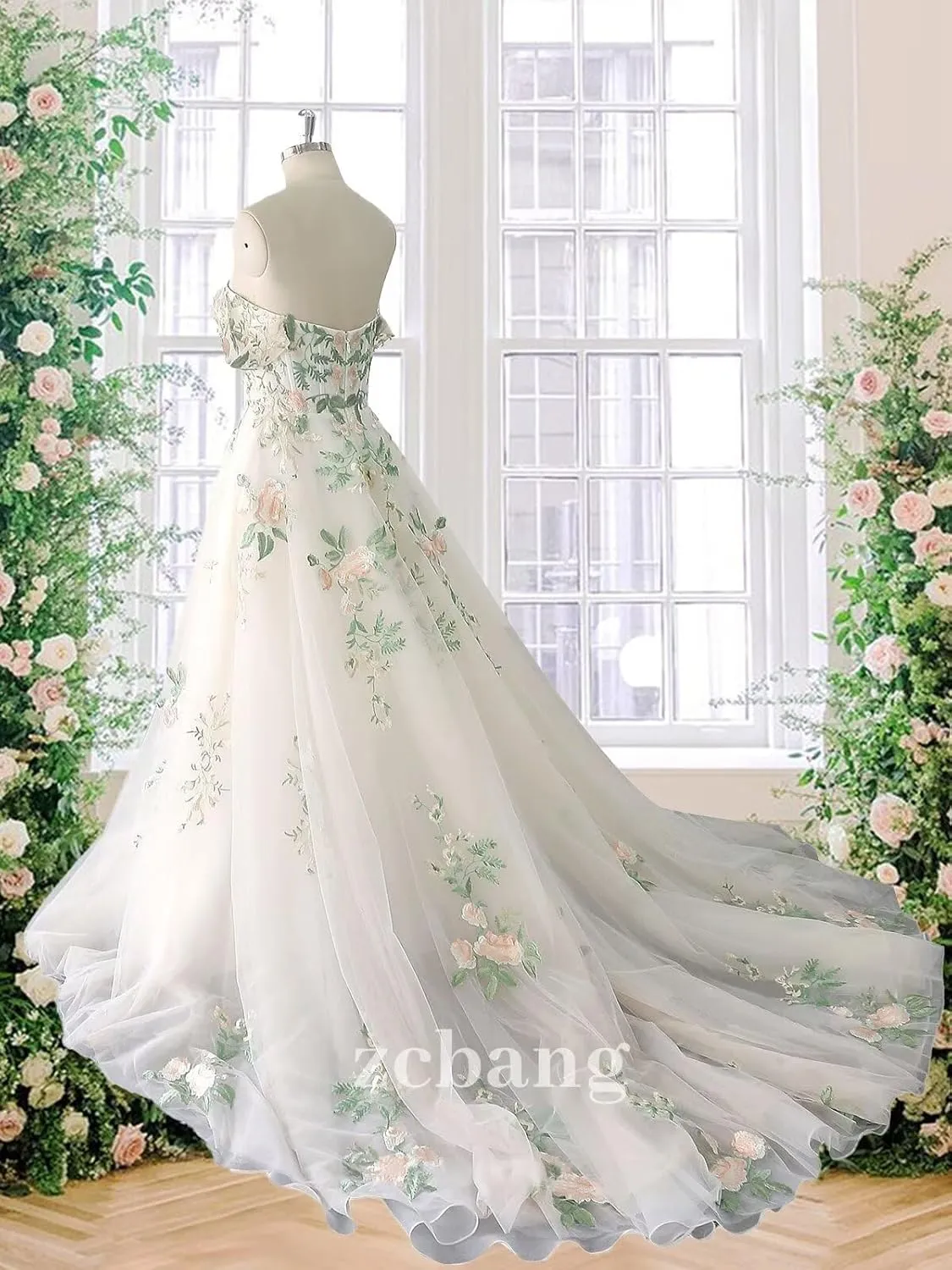 zcbang Lace Wedding Dresses for Bride Fairy Forest Colorful Elegant Bridal Dresses with Train