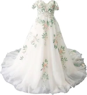 zcbang Lace Wedding Dresses for Bride Fairy Forest Colorful Elegant Bridal Dresses with Train