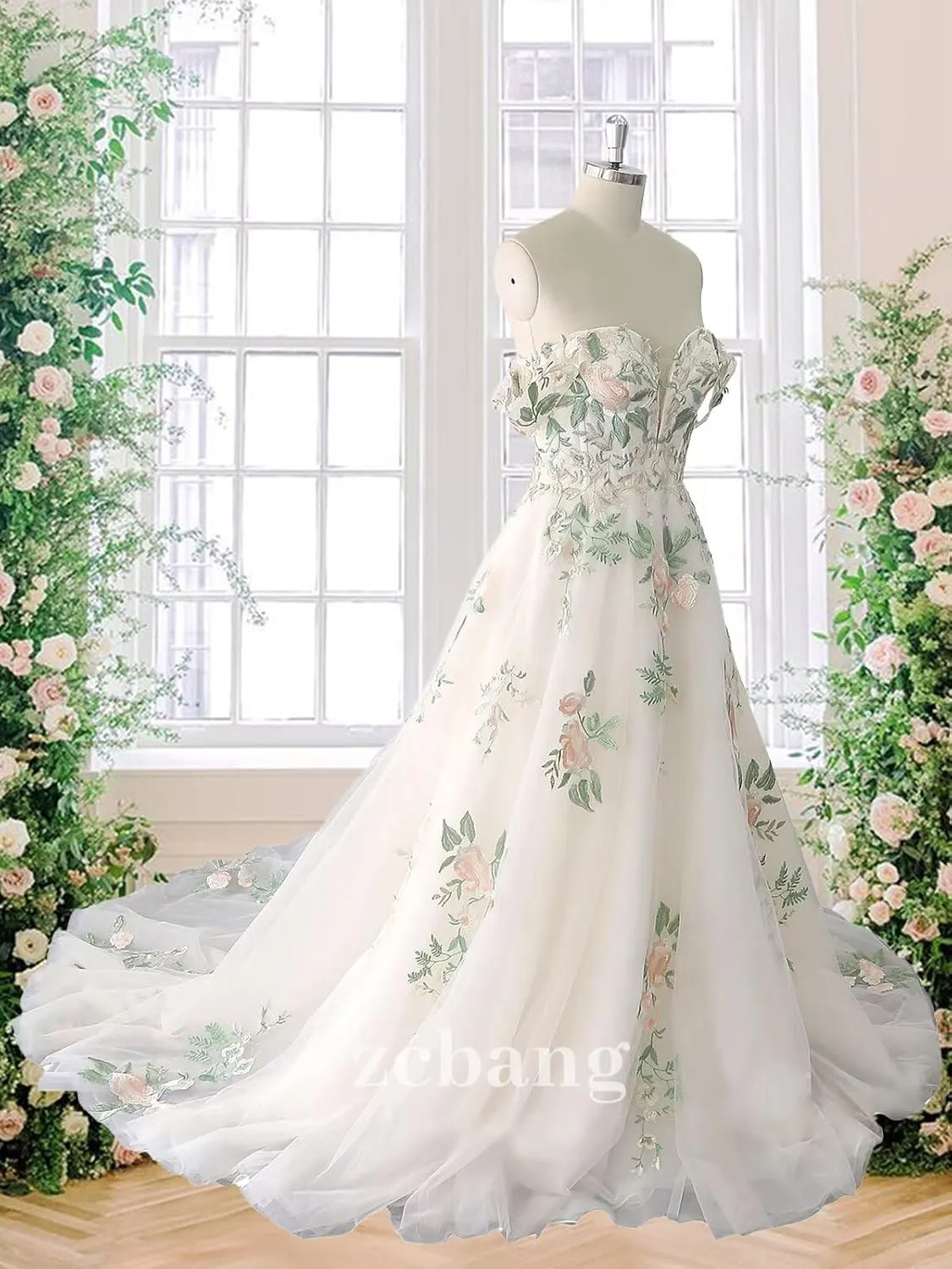 zcbang Lace Wedding Dresses for Bride Fairy Forest Colorful Elegant Bridal Dresses with Train