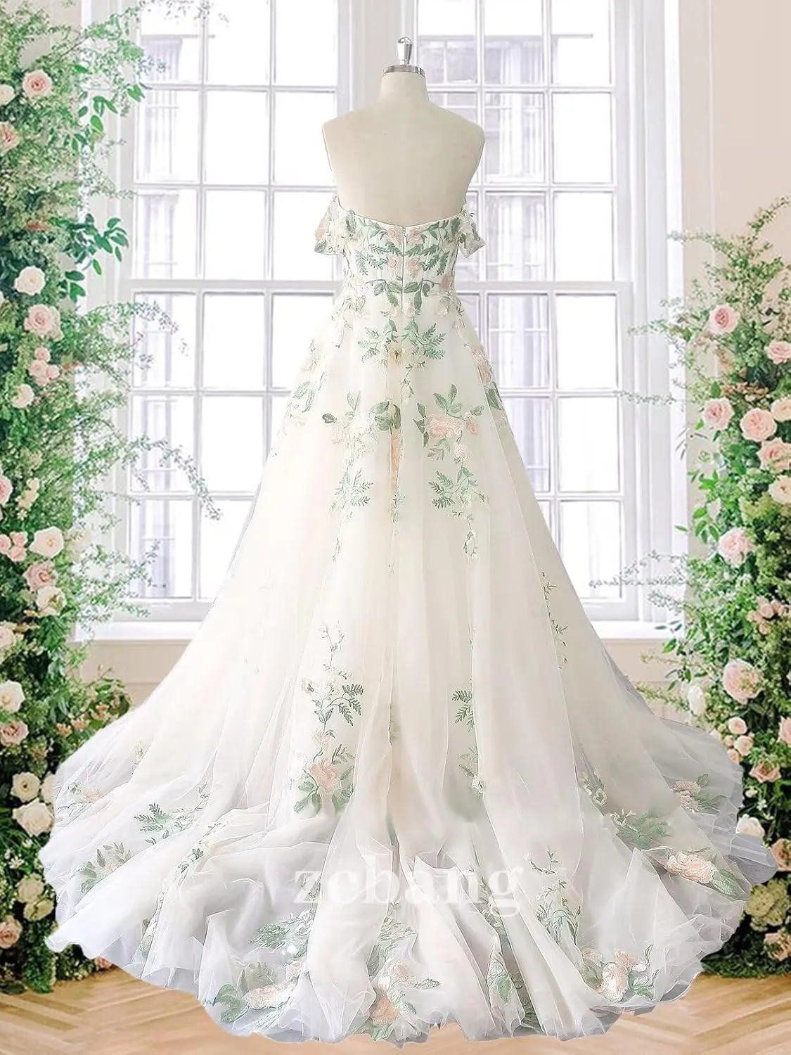 zcbang Lace Wedding Dresses for Bride Fairy Forest Colorful Elegant Bridal Dresses with Train