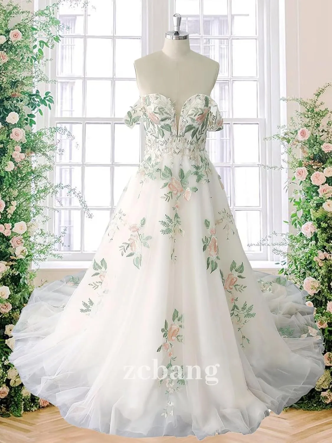 zcbang Lace Wedding Dresses for Bride Fairy Forest Colorful Elegant Bridal Dresses with Train