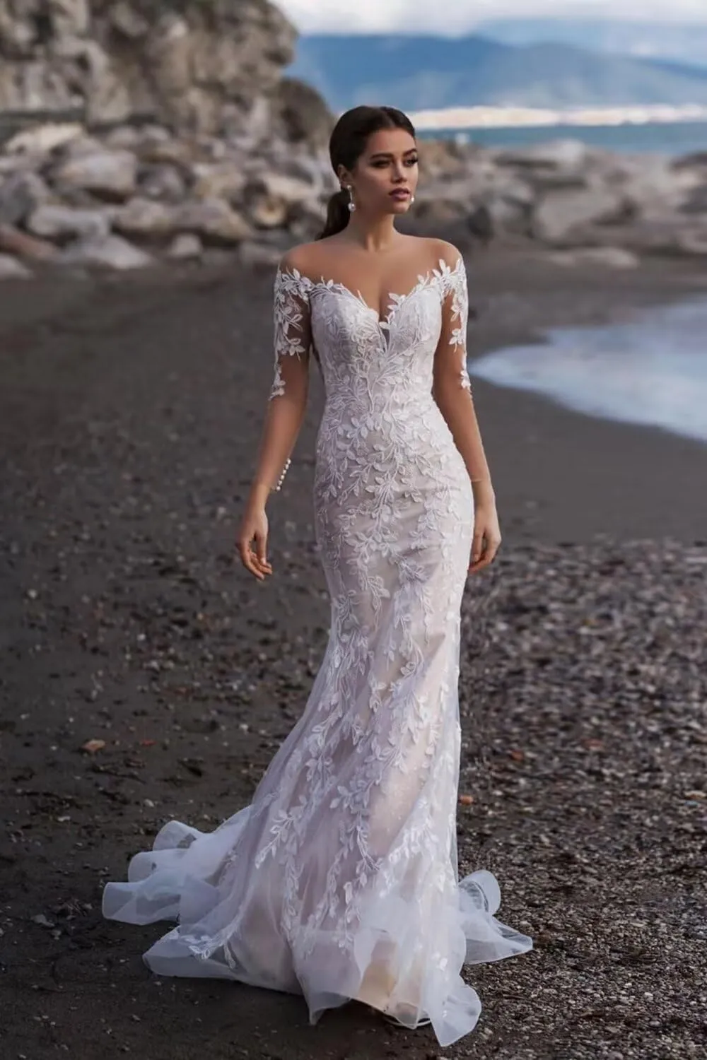 zcbang Mermaid Wedding Dresses for Bride 2025 White Beach Boho Lace Bridal Gowns with Train