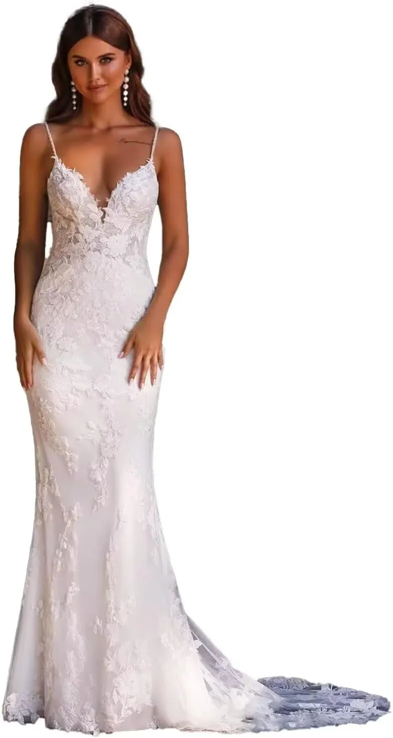 zcbang Mermaid Wedding Dresses for Bride 2025 White Beach Boho Lace Bridal Gowns with Train