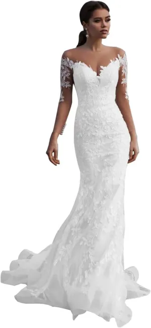 zcbang Mermaid Wedding Dresses for Bride 2025 White Beach Boho Lace Bridal Gowns with Train