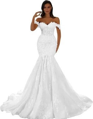 Zeeyecie Off Shoulder Tulle Wedding Dresses Mermaid Lace Applique V-Neck Sparkly Bridal Gowns with Train for Brides