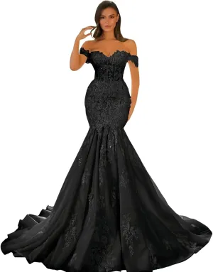 Zeeyecie Off Shoulder Tulle Wedding Dresses Mermaid Lace Applique V-Neck Sparkly Bridal Gowns with Train for Brides
