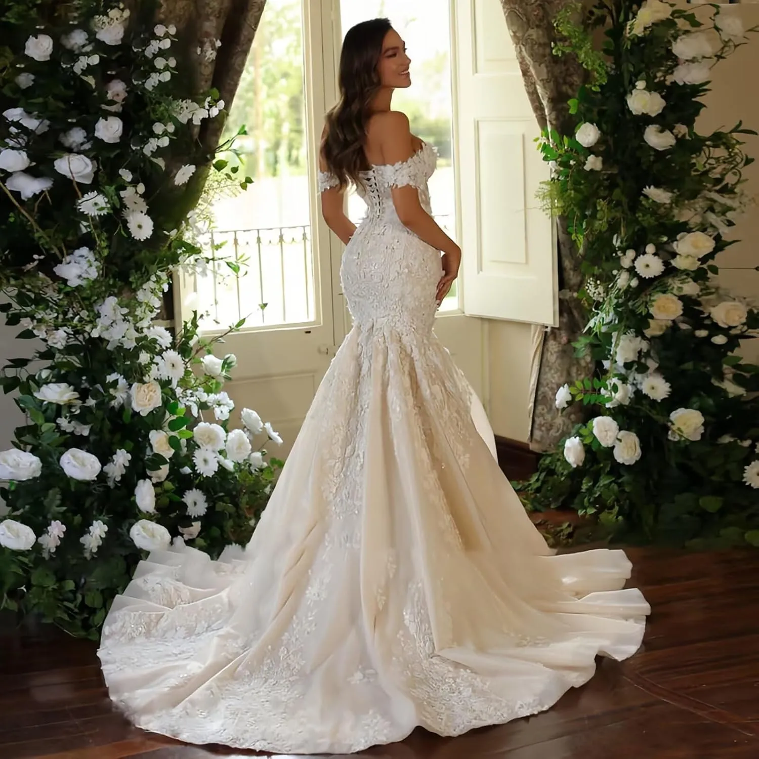 Zeeyecie Off Shoulder Tulle Wedding Dresses Mermaid Lace Applique V-Neck Sparkly Bridal Gowns with Train for Brides