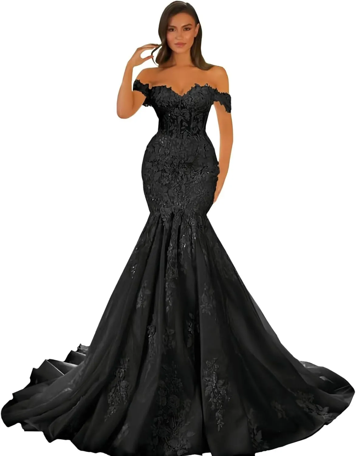 Zeeyecie Off Shoulder Tulle Wedding Dresses Mermaid Lace Applique V-Neck Sparkly Bridal Gowns with Train for Brides
